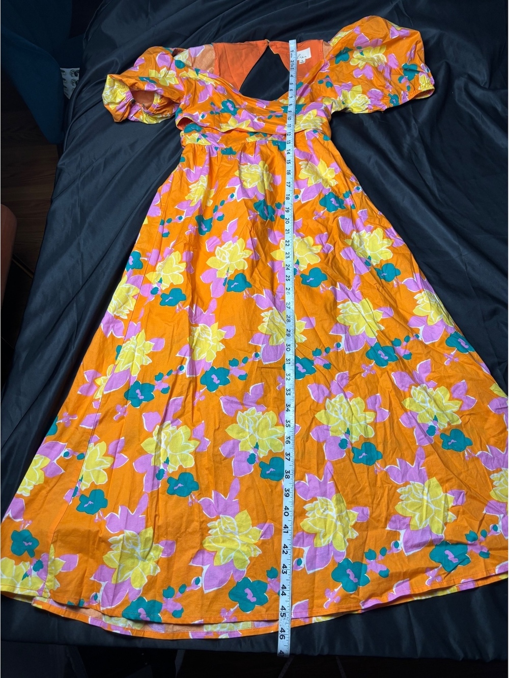 Lena Women's Knee-Length Puff Sleeve Dress in Orange Floral - Picture 6 of 10
